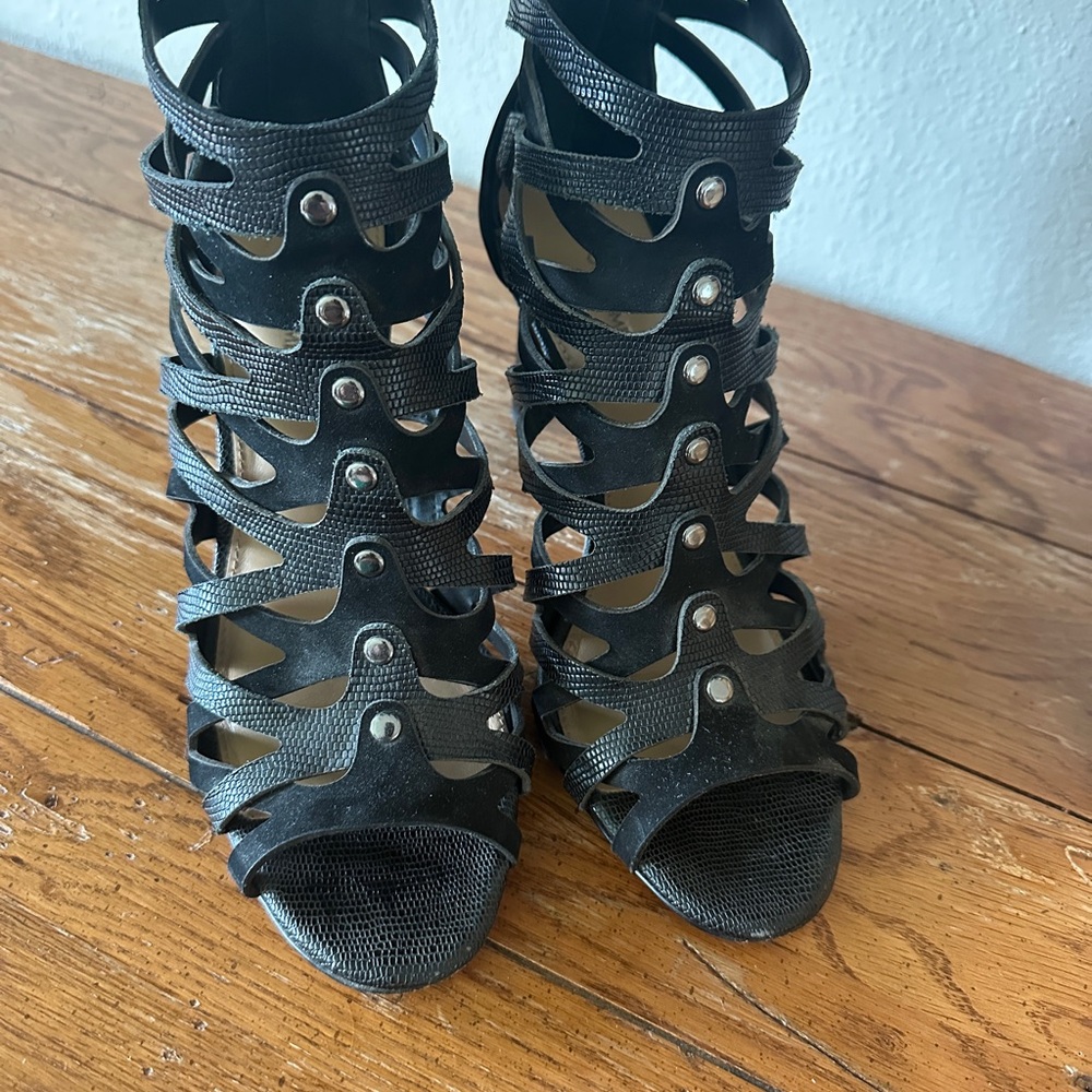 Black Strappy Caged Heels